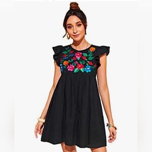 Floerns Boho Summer Floral Embroidery Black LG Dress Ruffle Sleeve Round Neck